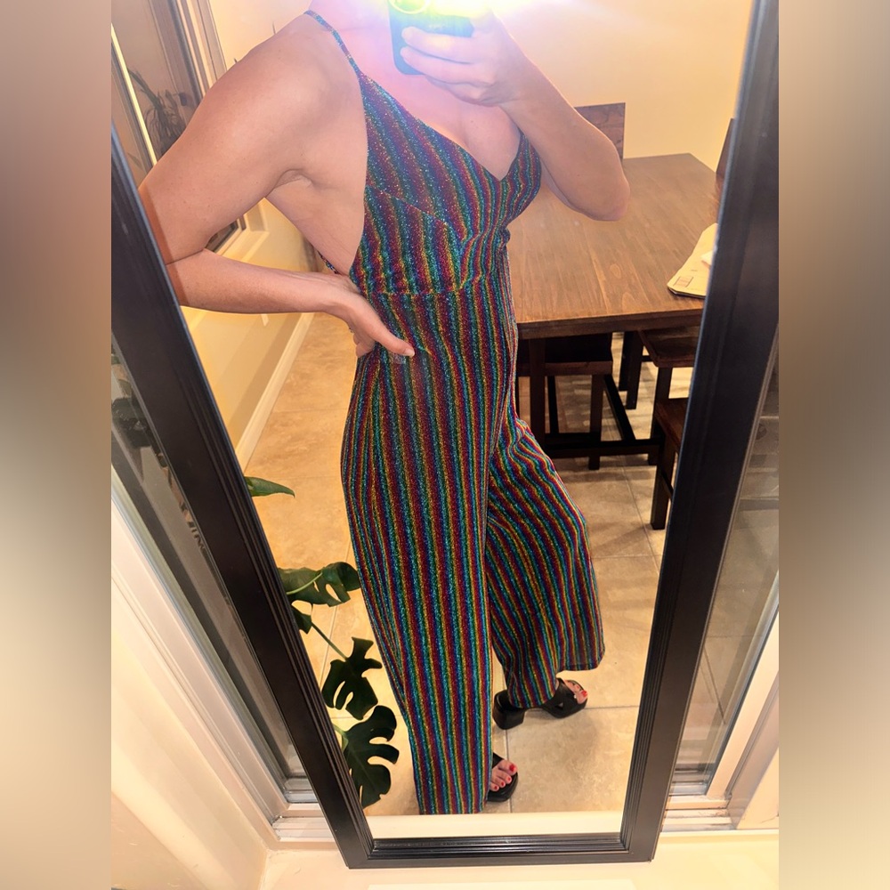 Sparkly Rainbow Stripe Wide-Leg Jumpsuit Halter Top Crisscross Adjustable Straps